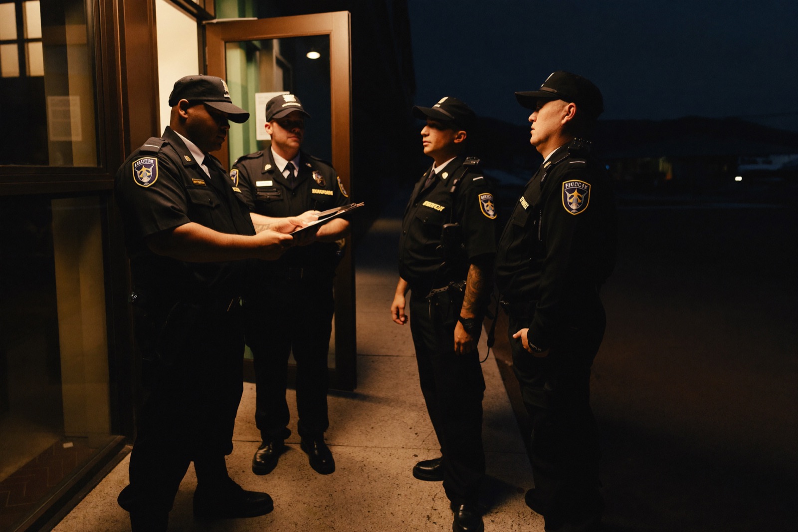 Pre-shift briefing: the whole crew hears the same post orders before anyone takes a position.